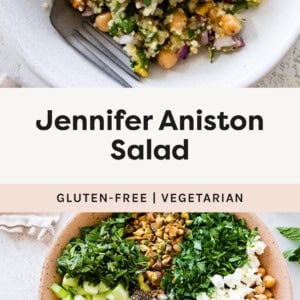 Quinoa salad in a bowl served with lemon, and a photo of onion, cucumber, herbs, pistachios, quinoa and chickpeas in a bowl before being mixed.