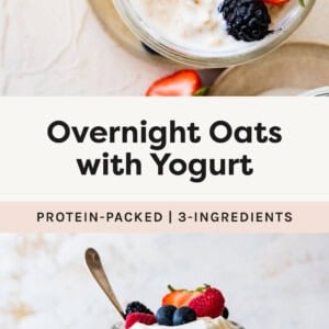 Two photos of overnight oats in a jar topped with berries.