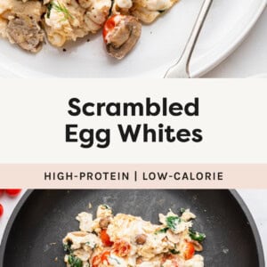 Scrambled Egg Whites on a plate made with tomato, spinach and mushrooms. Photo of the scrambled egg whites in a skillet.