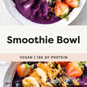 Two photos of a Smoothie Bowl topped with berried and nut butter.