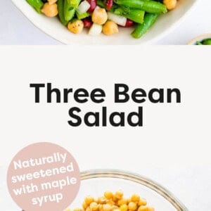 Photo of Three Bean Salad and a photo of kidney beans, chickpeas, herbs, onion and green beans in a mixing bowl before being mixed together.