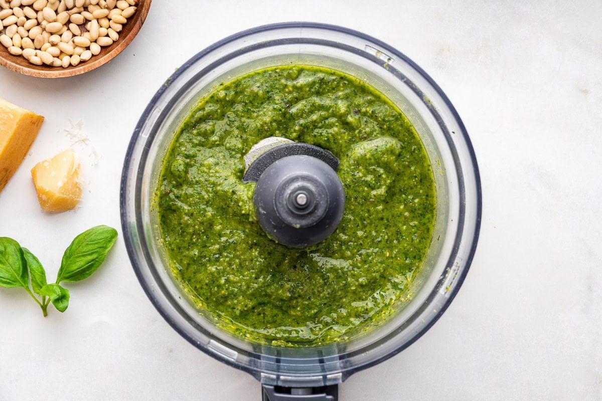 A complete pesto in a food processor.