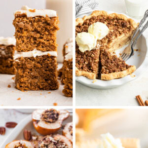 Collage of four photos: sweet potato pie, baked pears, dutch apple pie and pumpkin cake.