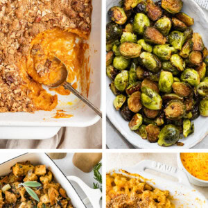 Collage of four photos: sweet potato casserole, roasted brussels sprouts, stuffing and baked mac and cheese.