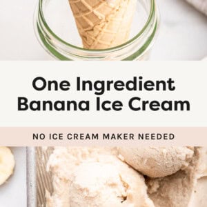 Photo of a cone of banana ice cream, and a photo of an ice cream scooper with banana ice cream.