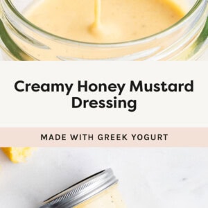 Photo of a spoon with Creamy Honey Mustard Dressing from a jar, and a second photo of a jar of Creamy Honey Mustard Dressing.
