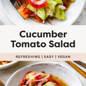 Two photos of Cucumber Tomato Salad in a bowl with a fork.