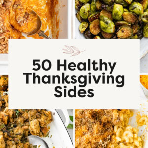 Collage of four photos: sweet potato casserole, roasted brussels sprouts, stuffing and baked mac and cheese.