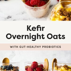 Two photos of 3 jars of Kefir Overnight Oats with different fruit and granola toppings.