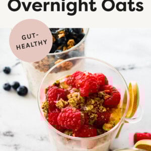 Three jars of Kefir Overnight Oats with different fruit and granola toppings.