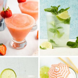 Collage of cocktail photos: strawberry frose, a mojito, a vodka soda and two coconut daiquiris.