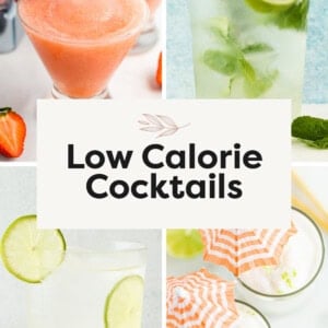 Collage of cocktail photos: strawberry frose, a mojito, a vodka soda and two coconut daiquiris.