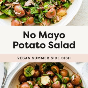 Two photos of No Mayo Potato Salad with spinach and a shallot vinaigrette in a bowl.