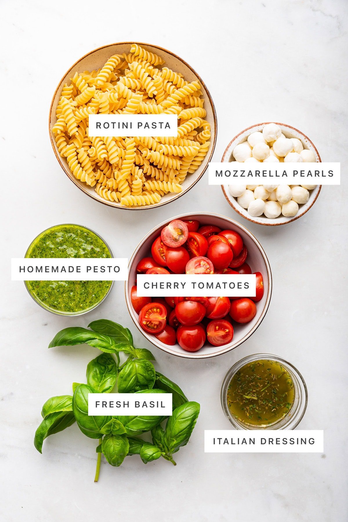 Ingredients measured out to make Pesto Pasta Salad: rotini pasta, mozzarella pearls, homemade pesto, cherry tomatoes, basil and Italian seasoning.