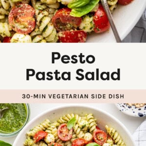 Two photos of Pesto Pasta Salad made with mozzarella pearls and cherry tomatoes.
