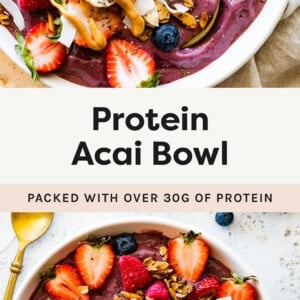 Two photos of a Protein Acai Bowl topped with fruit, coconut , granola and nut butter.