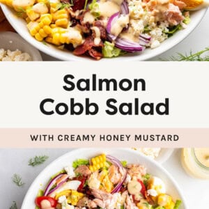 Two photos of Salmon Cobb Salad in a serving bowl drizzled with honey mustard.