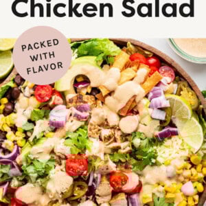 Southwest Chicken Salad drizzled with creamy sotuhwest dressing and full of toppings.
