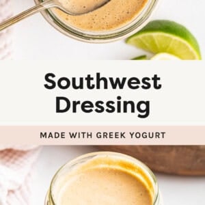 Two photos showing creamy Southwest Dressing in a jar with a spoon and without a spoon. Lime is next to the jar.