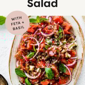 Watermelon Salad with Feta and Basil on a serving platter.