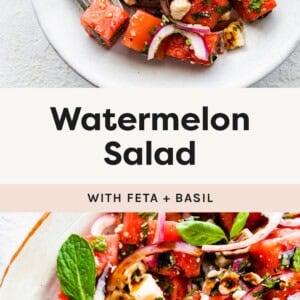 Watermelon Salad with Feta and Basil on a salad plate with a fork, and a close up photo of the salad on a serving tray.