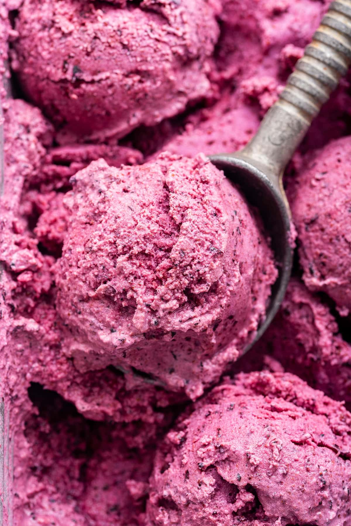 Blueberry frozen yogurt with an ice cream scoop taking a small portion.