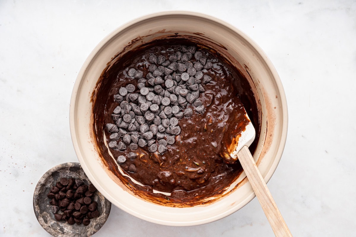 Chocolate chips added to the chocolate zucchini bread batter.