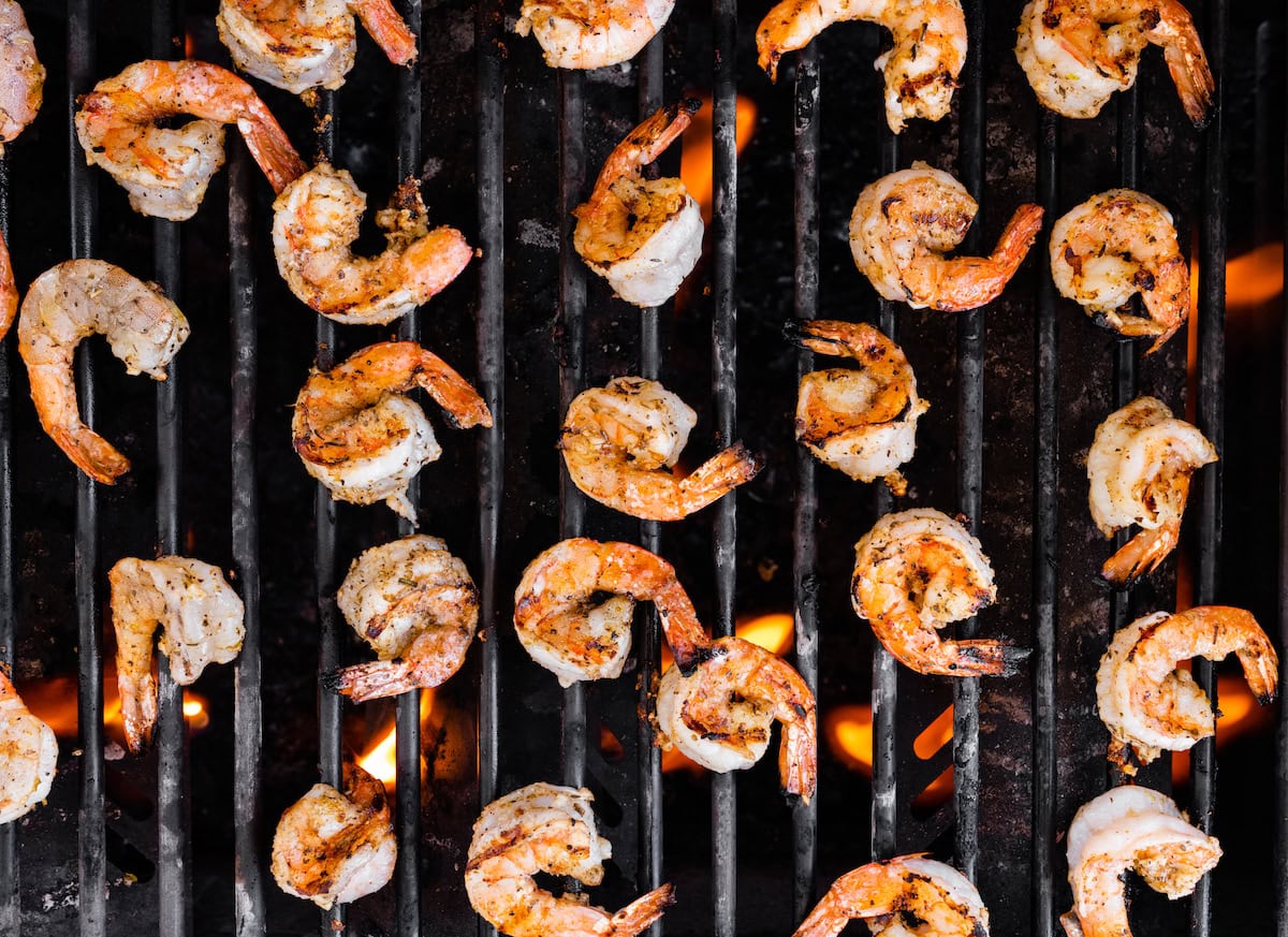 Cooked shrimp on a grill.