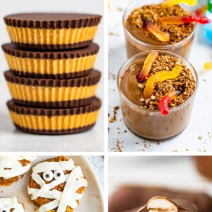 Collage of four photos: peanut butter cups, dirt pudding cups, mummy cookies and homemade almond joy bars.