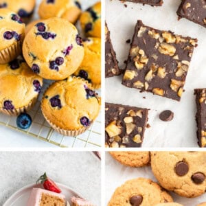 Collage of photos: blueberry muffins, brownies, slice of strawberry cake and coconut flour chocolate chip cookies.