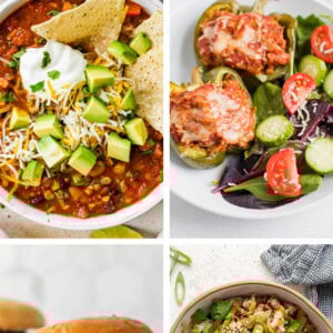 Collage of photos: taco soup, stuffed peppers, turkey burger and an egg roll in a bowl.