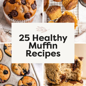 Collage of four muffin photos: protein muffins, sweet potato muffins, blueberry yogurt muffins and banana blender muffins.