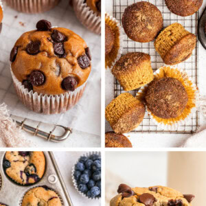 Collage of four muffin photos: protein muffins, sweet potato muffins, blueberry yogurt muffins and banana blender muffins.