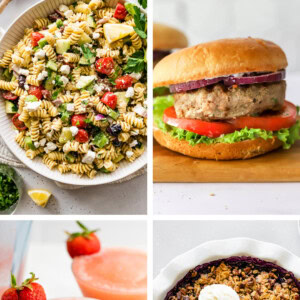 Collage of food photos: Greek pasta salad, turkey burger, frose and blueberry crumble.
