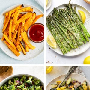 Four images: butternut squash fries, air fryer asparagus, broccoli salad and roasted squash and zucchini.