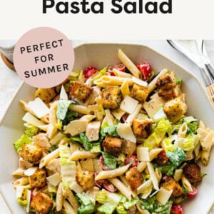 Chicken Caesar Pasta Salad in a large serving bowl.