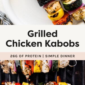 Two chicken kabobs on a plate, and a photo fo kabobs on the grill.
