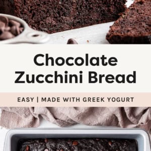Two photos showing a loaf of Chocolate Zucchini Bread. One photo shows the loaf cut in half.