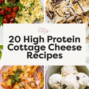 Collage photos of cottage cheese scrambled eggs, cottage cheese bark, cottage cheese pasta and cottage cheese ice cream.