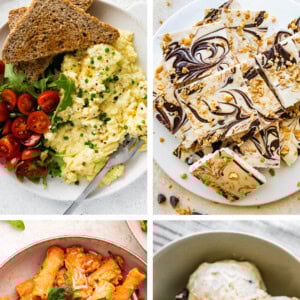 Collage photos of cottage cheese scrambled eggs, cottage cheese bark, cottage cheese pasta and cottage cheese ice cream.