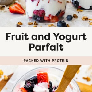 Photos of Fruit and Yogurt Parfait in glass jars, layers of berries, yogurt and granola. One photos shows a spoon taking a bite.