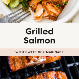 Photo of Grilled Salmon on a plate with salad, and a photo below of pieces of Grilled Salmon on a grill.