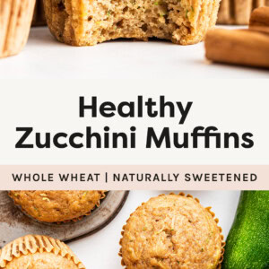 Photos of Healthy Zucchini Muffins, one with a bite taken from the muffin and a photo of muffins on a counter next to a green cloth and zucchinis.