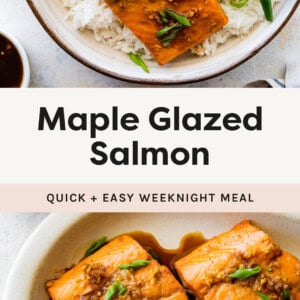 Maple Glazed Salmon on a plate served over rice with green beans on the side. Photo below is of two pieces of Maple Glazed Salmon on a platter and garnished with green onions.