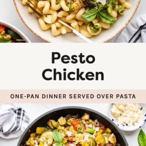 Photo of pesto chicken and veggies served over pasta. Photo of pesto chicken and veggies in a skillet.