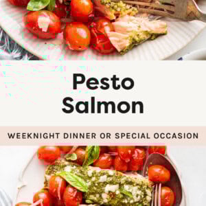 Pesto Salmon on a plate served with tomatoes and broccolini. Photo below of pieces or Pesto Salmon and roasted cherry tomatoes on a serving dish, garnished with cheese and basil.