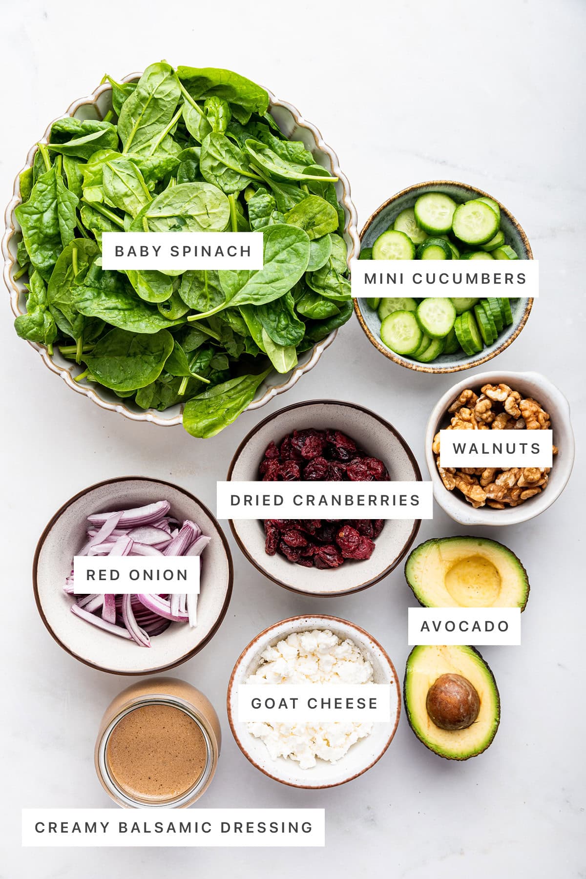 Ingredients measured out to make Easy Spinach Salad: baby spinach, mini cucumbers, dried cranberries, walnuts, red onion, creamy balsamic dressing, goat cheese and avocado.