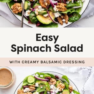 Two photos showing a spinach salad topped with avocado, walnuts, onions, cranberries, cucumber and creamy balsamic.