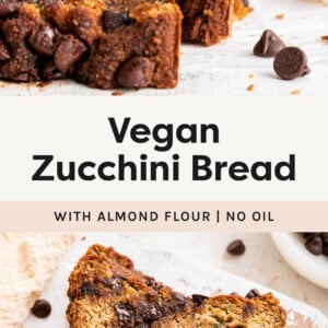 Vegan chocolate chip zucchini bread cut into slices.