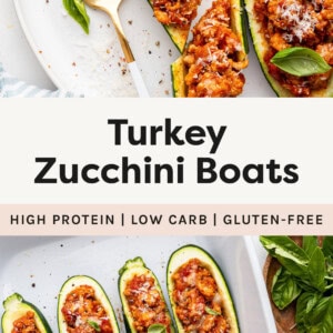 Photo of two Turkey Zucchini Boats on a plate. One is cut in half from a fork. Photo below is of four Turkey Zucchini Boats in a baking dish.
